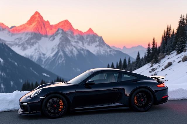 Sonnenuntergang über den majestätischen Alpen, reflektiert in einem glänzenden, perfekt abgestimmten Sportwagen, der auf einem Bergpass parkt.