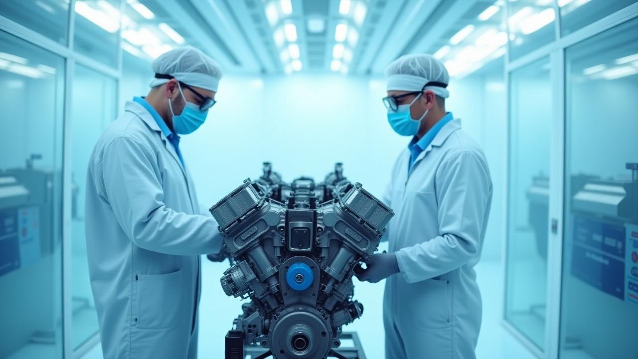 Sauberer, steriler Reinraum für Motormontage bei Alpenglow Studio, mit fokussierten Technikern.